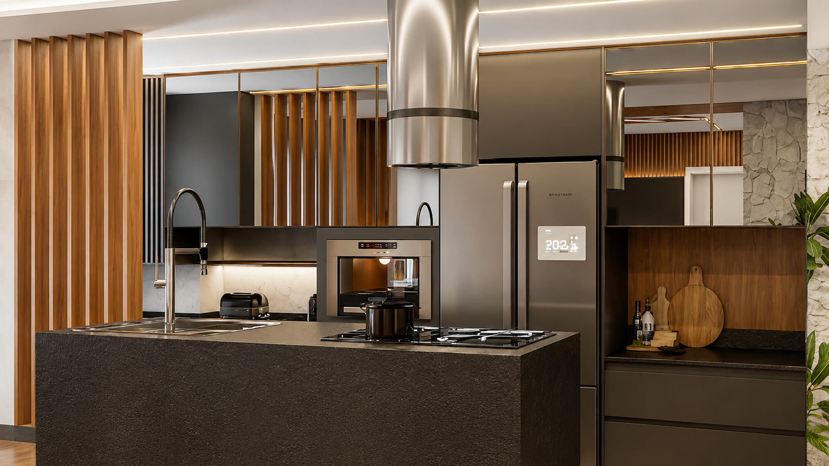 Cozinha contemporânea com ilha central escura, coifa em inox, painéis de madeira ripada e eletrodomésticos integrados